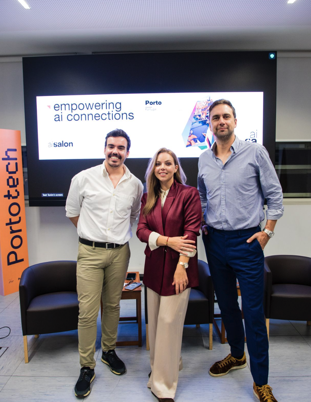 Kati Torim and Teet Torim with co-host at the AI Salon Porto launch at Porto Business School.