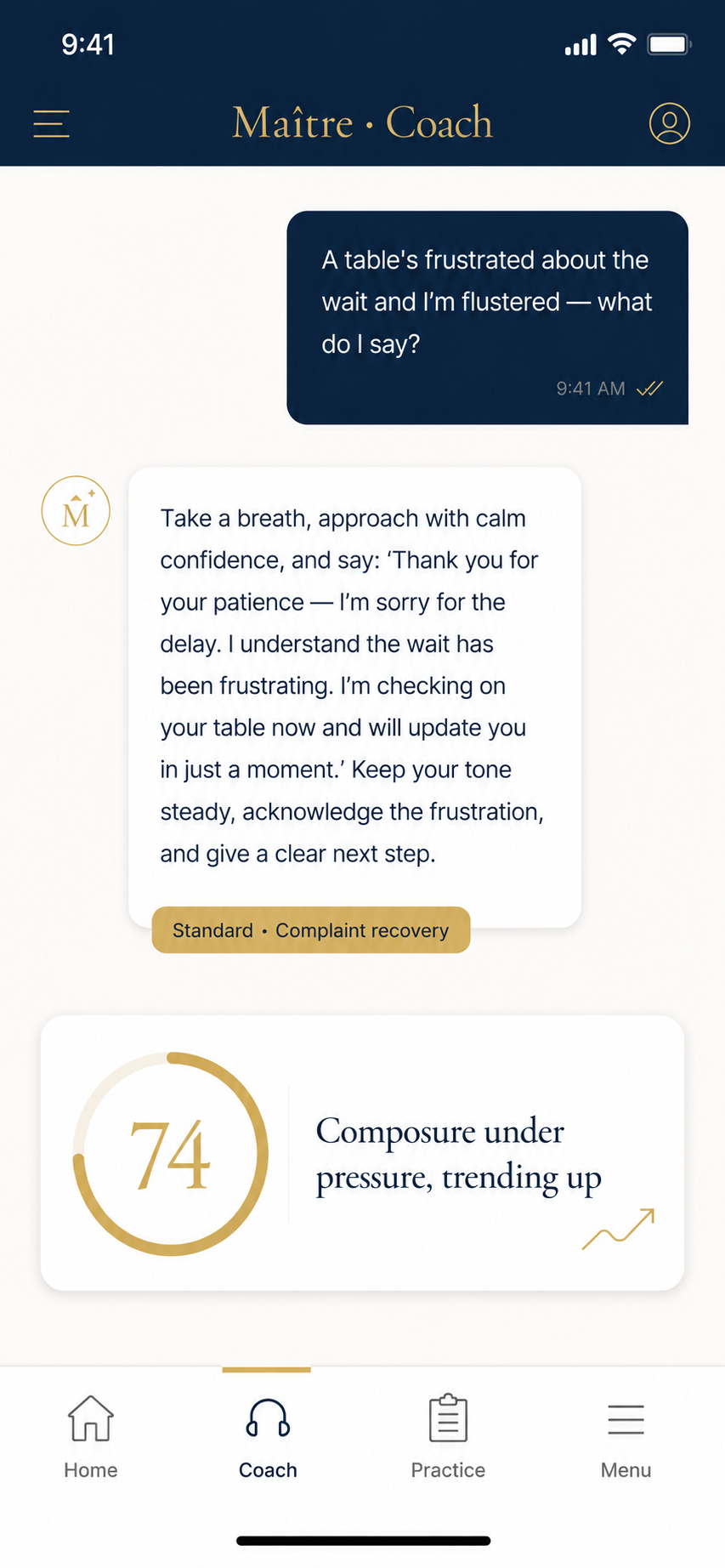 Maître — AI coach, mobile app for service teams